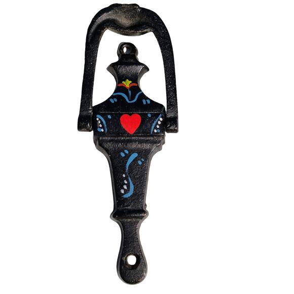 Narrow Black Vintage Hand Painted Cast Iron Amish Pennsylvania Dutch Doorknocker - Picture 2 of 9
